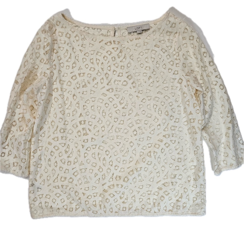 LOFT Blouse Womens Medium White Lace‎ Geometric 3/4 Sleeve Boat Neck Top